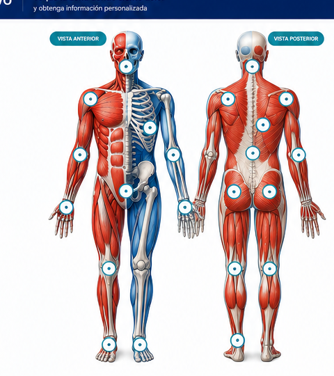 Cuerpo anatómico muscular y óseo con vista anterior y posterior